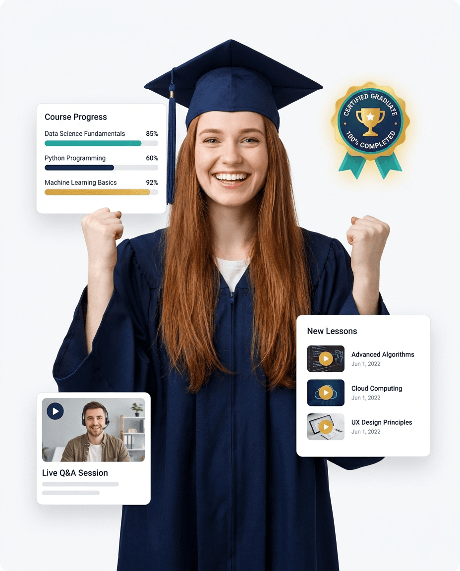 Studentessa laureata EULE Institute con dashboard corsi, video call mentor e progressi
