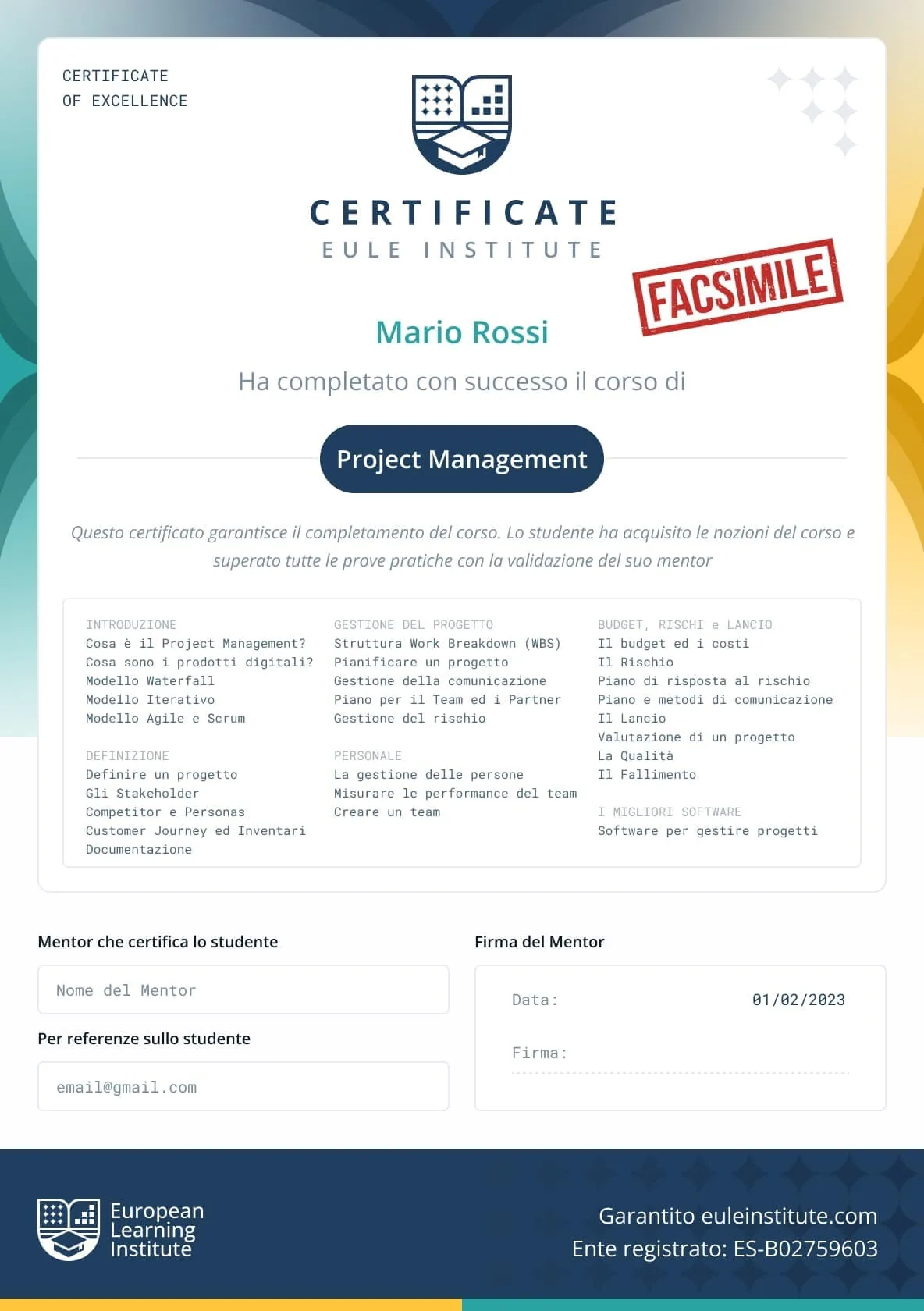 Certificato EULE Institute - Certificate of Excellence